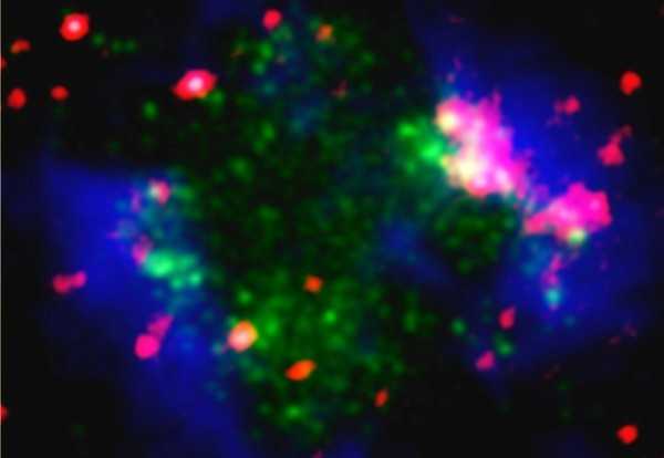 Imagem de multicomprimento de onda, com cores falsas, mostra a galáxia-anã Sextans A. Os pontos em vermelho representam a emissão de poeira em infravermelho, o azul, a emissão de gás de hidrogênio atômico, e o verde, a emissão de ultravioleta longíquo de estrelas recém-formadas (Foto: Yong Shi/Nature)