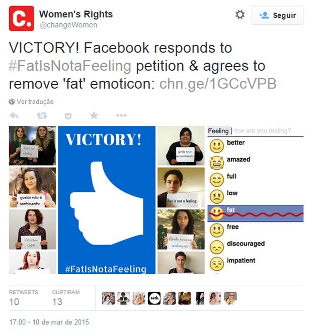 Postagem no Twitter comemora remoção do status 'sentindo-se gorda' do Facebook (Foto: Reprodução/Twitter/changeWomen)