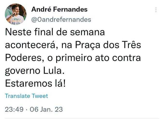 maisfm.com Deputado Federal eleito André Fernandes posta convite aos atos de terrorismo e apaga posts após repercussão |